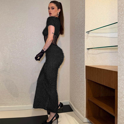Women Clothing Sexy round Neck Slim Fit Slimming See through Split Short Sleeve Elegant Dress YIMAIL