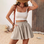 Women Washed Cotton Comfort Casual Waist Elastic Lace up Fashionable Big Trouser Leg Shorts Yiskiss