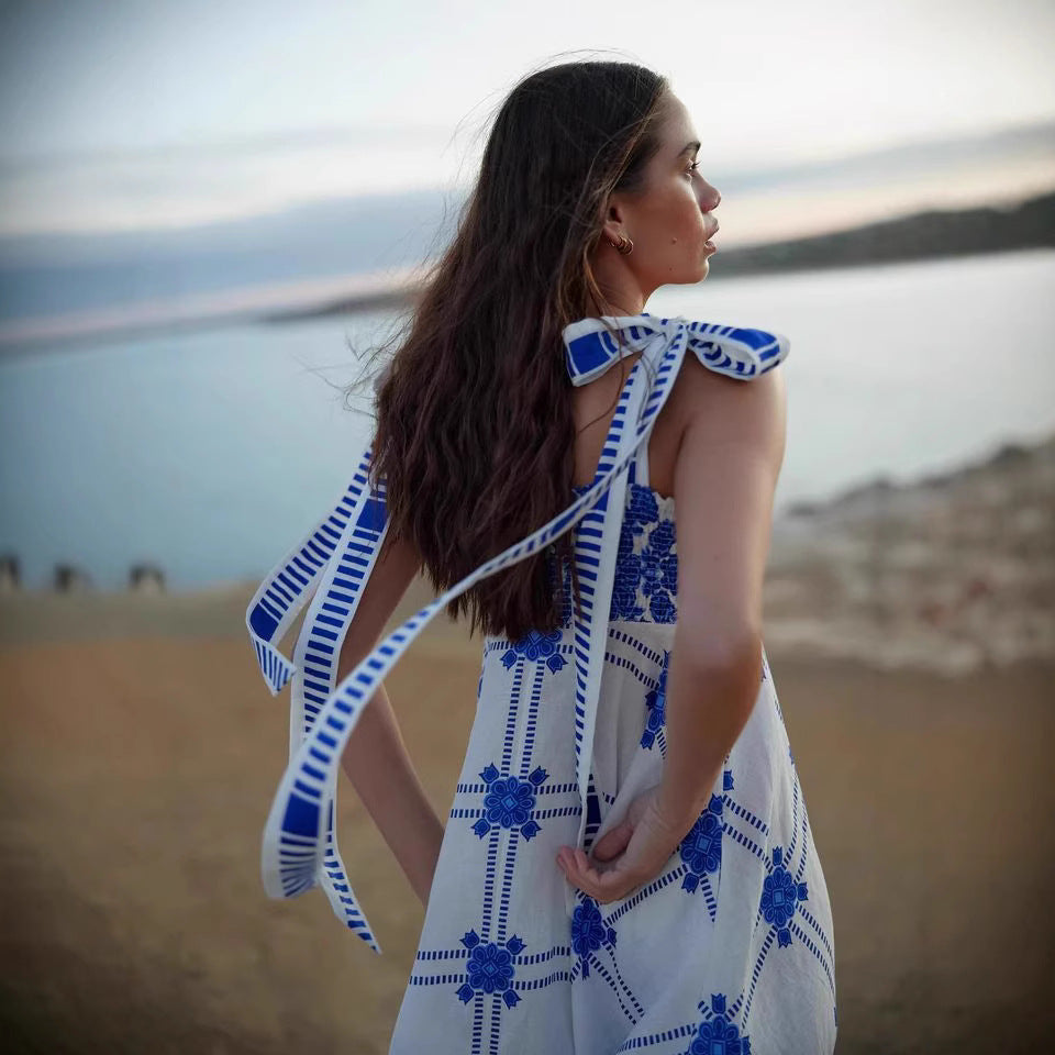 Summer Vacation Halter Spaghetti Straps Maxi Dress Sleeveless Printed Dress XUYUN