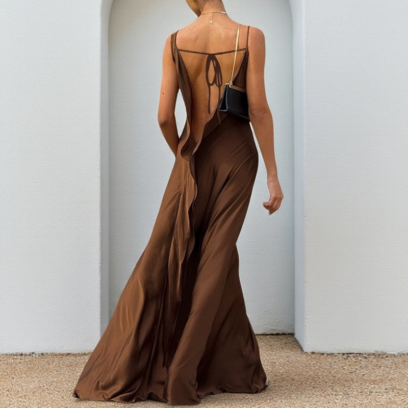 Summer Slim Fit Maxi Dress Autumn Casual Strap Satin Dress for Women EFFISEN