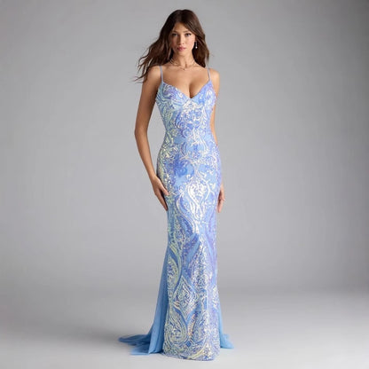 Women Party V neck Blue Sequined Sexy Dress Evening Dress