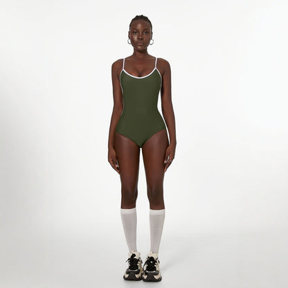 Traje de baño verde matcha sexy que cubre el vientre adelgazante simple color sólido nailon traje de baño de una pieza para mujer