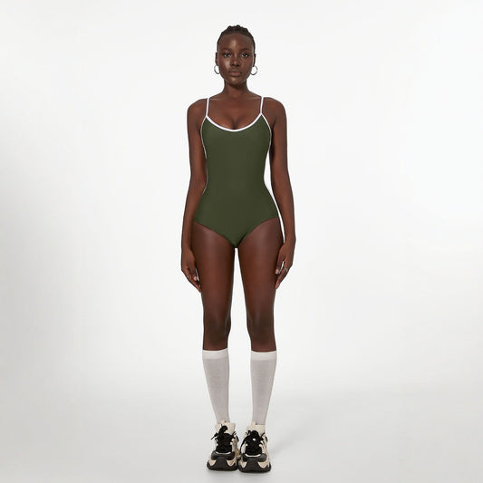 Traje de baño verde matcha sexy que cubre el vientre adelgazante simple color sólido nailon traje de baño de una pieza para mujer
