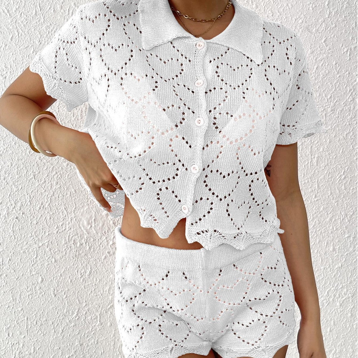 Women Two Piece Sets Beach Cover up Women Clothing Polo Collar Top Mini Hip Pants Shorts Two Piece Sets Oyimi