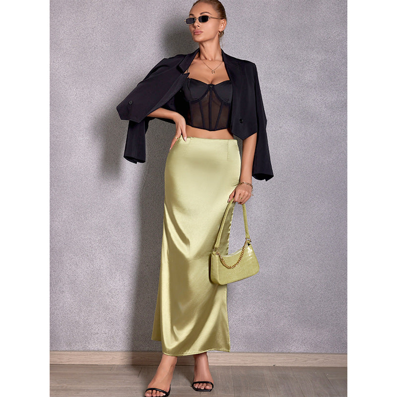 Spring Summer Artificial Silk Skirt Satin Skirt Women Casual Satin Hip Skirt