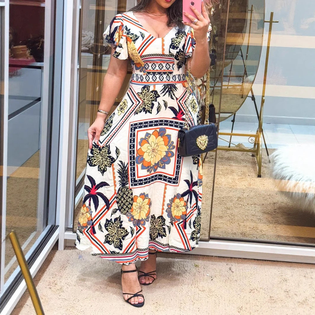 Women Positioning Print Holiday Casual Ruffle Sleeve V neck Floral Dress PLAYA