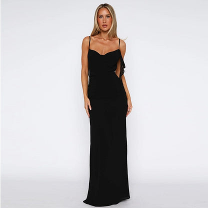 Women Clothing Summer French Sexy Low Cut Solid Color Sling Backless Dress