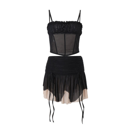 Women Clothing Summer Sexy Mesh Irregular Asymmetric Top Sexy Color Block Skirt Set