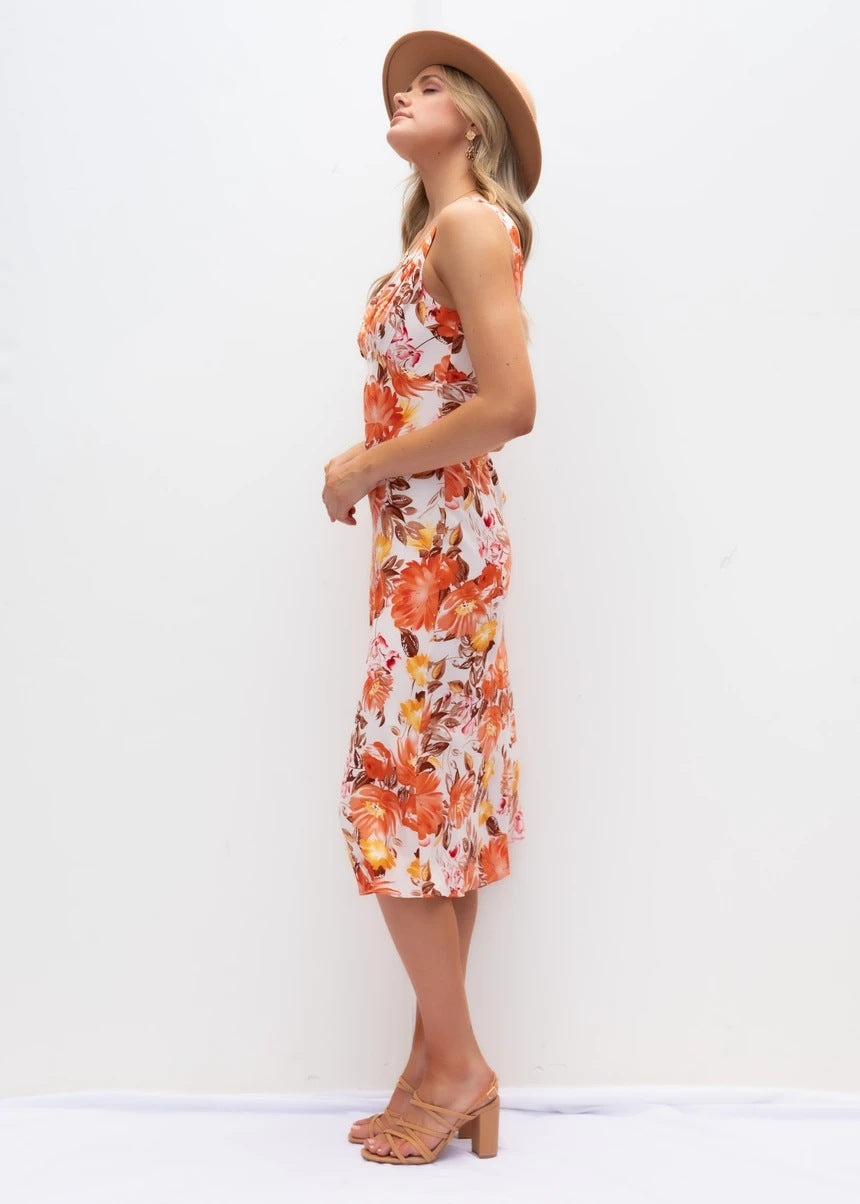 Spring Front Back V-neck Sleeveless Printed Slim-Fit Sexy Dress Women Clothing Floral Burst