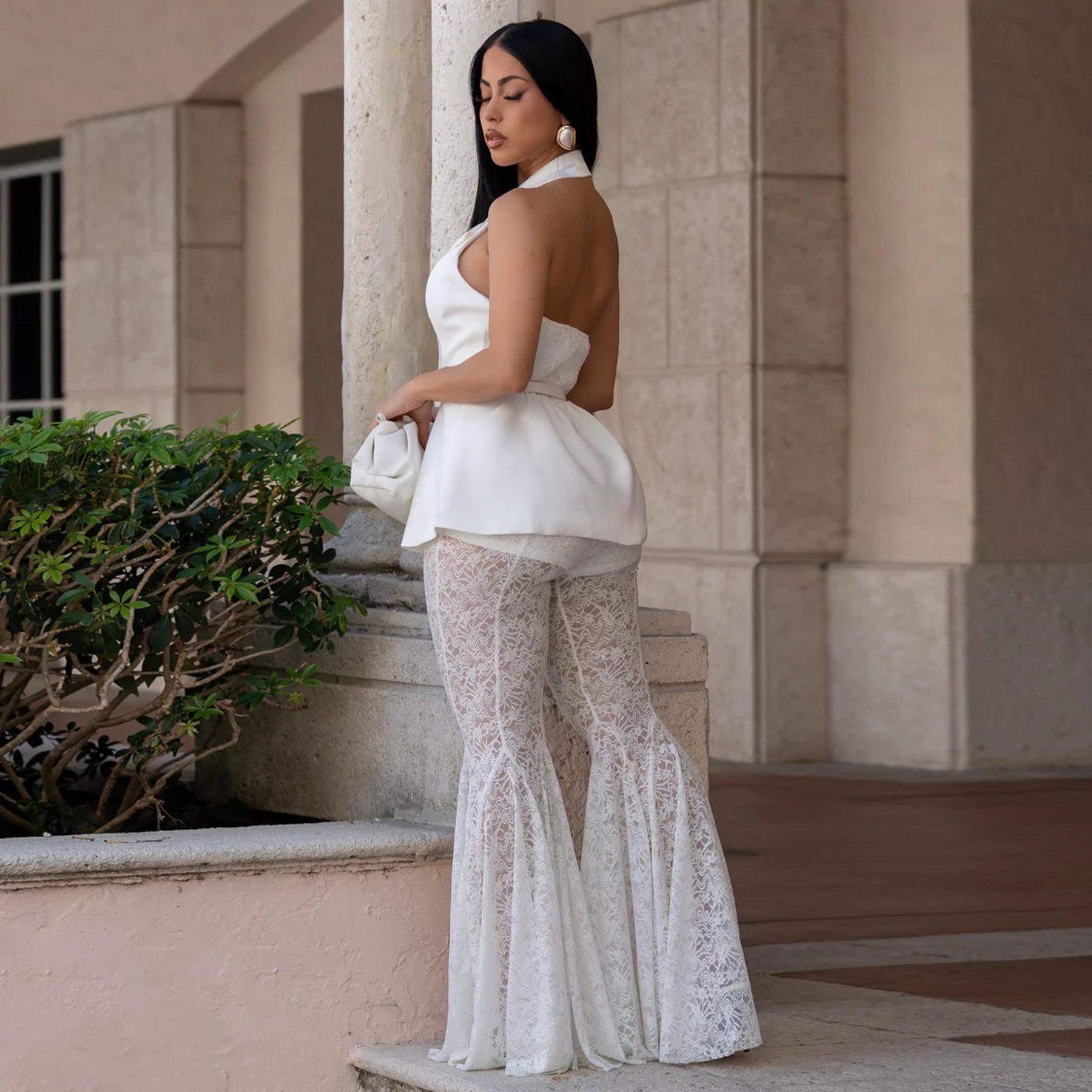 Sleeveless Backless Sexy Lace Bell Bottom Pants Two Piece Set MOOYAA