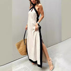 Summer Cotton Linen Backless Halter Split Dress Women Havill