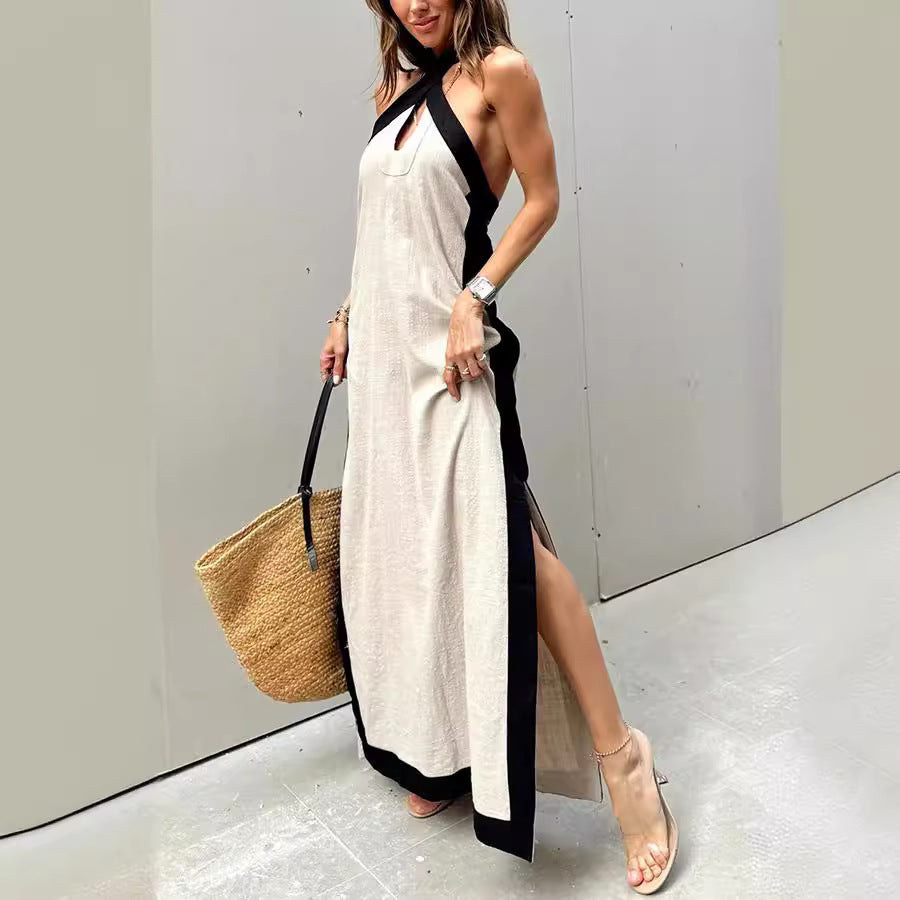 Summer Cotton Linen Backless Halter Split Dress Women Havill