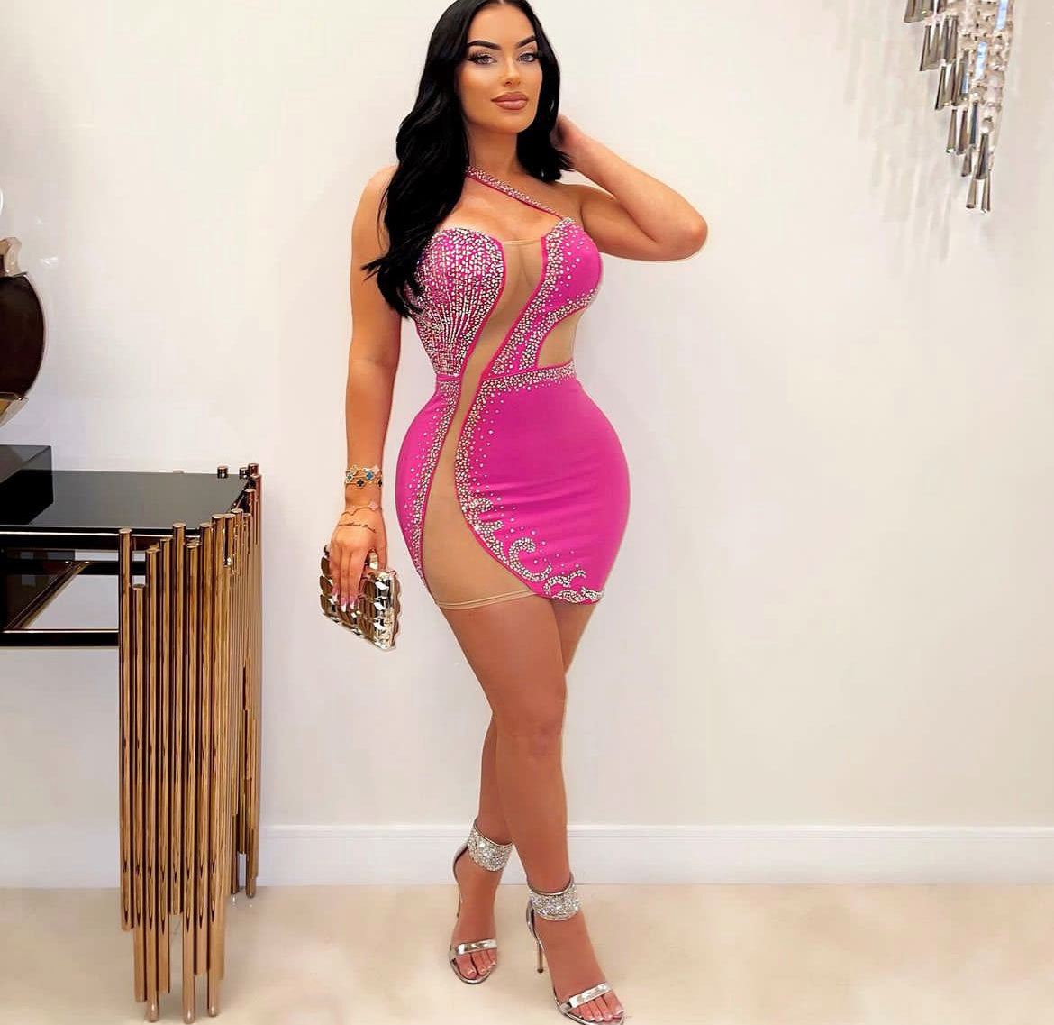 Sexy Slim Fit Rhinestone Stretch Tube Top Sleeveless See through Sheath Dress WINNIEYA