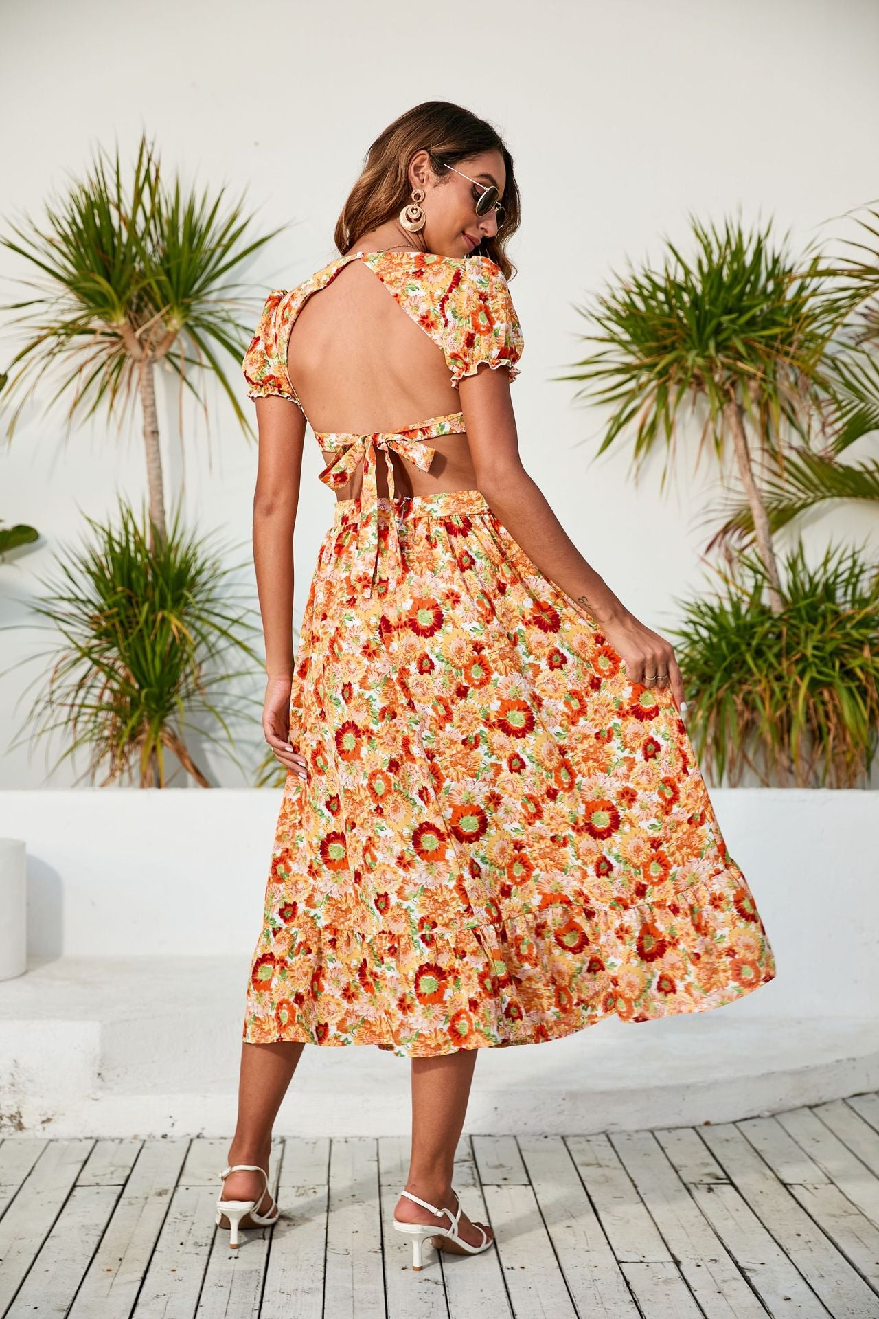 Spring Summer Women Clothing V Neck Printed Dress Backless Midi Dress Inly