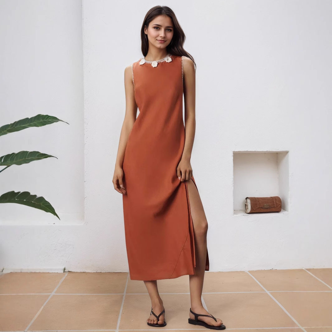 Spring Summer Sleeveless Slit Neckline Exquisite Floral Pearl Dress Women Dress Rogan