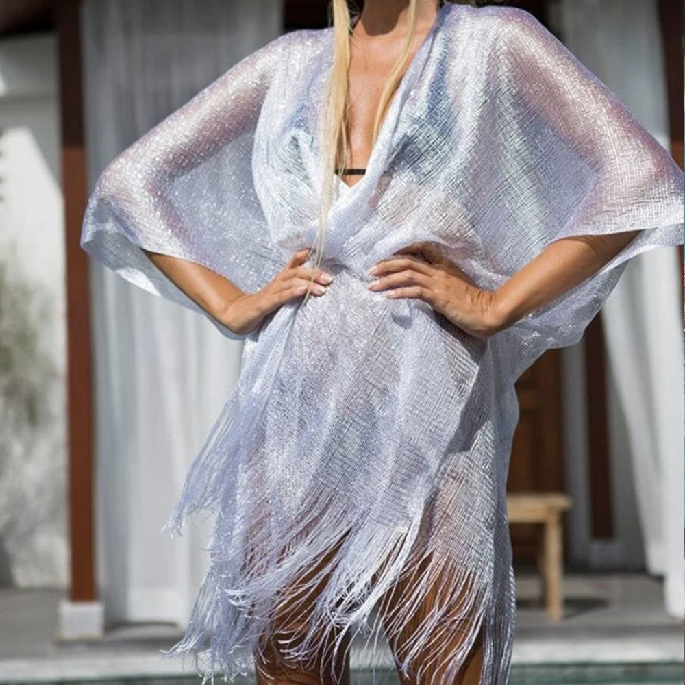 Beach Solid Color Sun Proof Tassel Knitting Beach Cover Up Sweater Shawl Cardigan