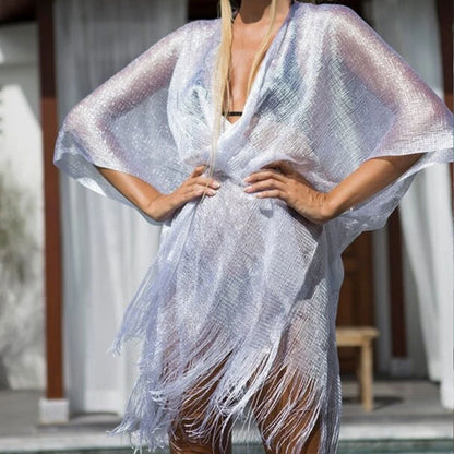 Beach Solid Color Sun Proof Tassel Knitting Beach Cover Up Sweater Shawl Cardigan
