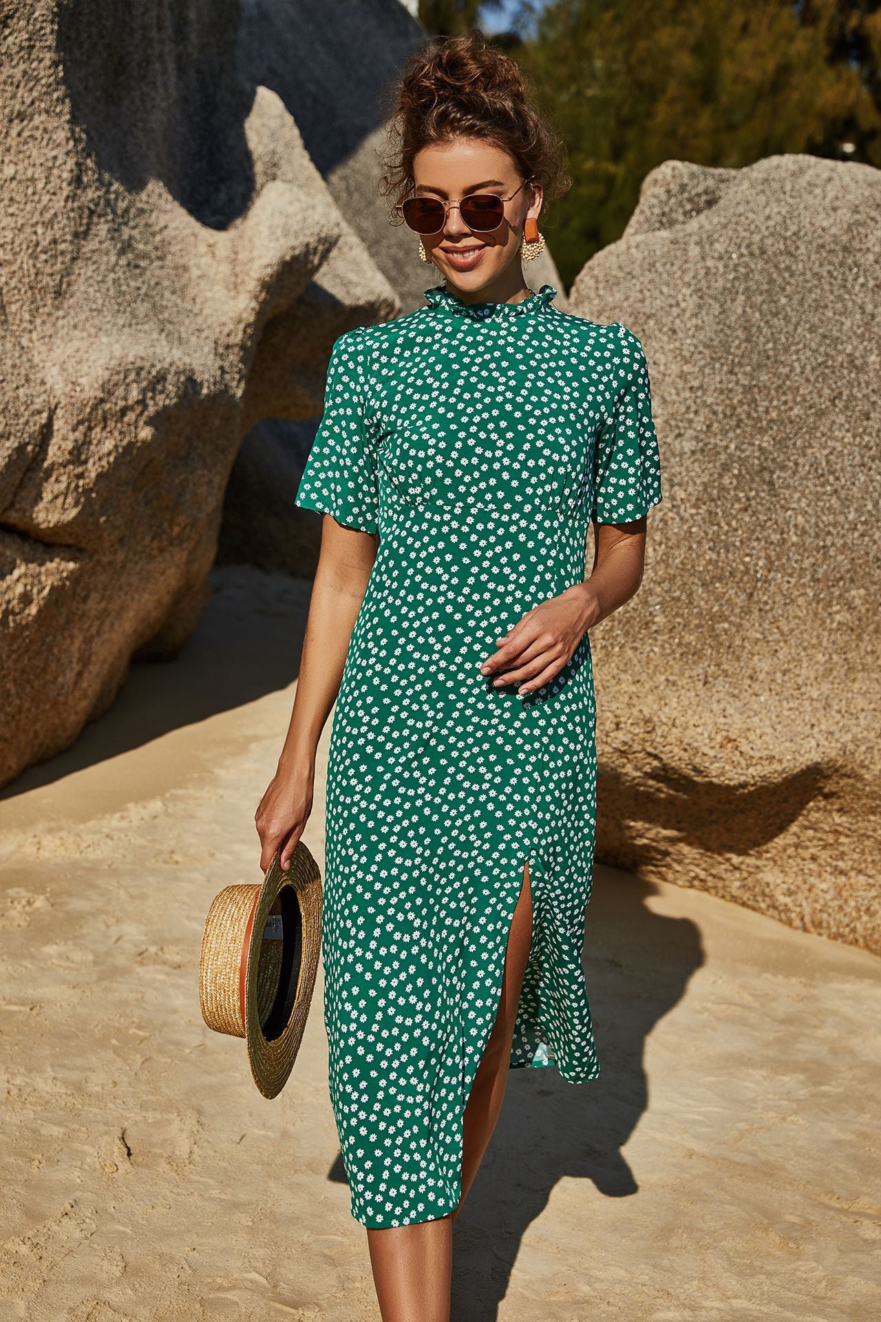 Summer Women Clothing Slimming Sheath Slit Slim-Fitting Floral Short Sleeve Vacation Large Swing Dress