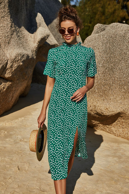 Summer Women Clothing Slimming Sheath Slit Slim-Fitting Floral Short Sleeve Vacation Large Swing Dress