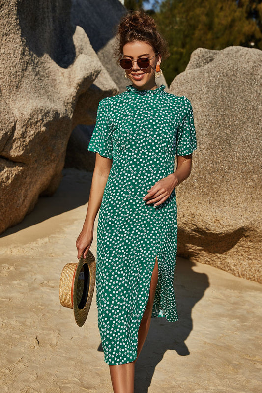 Summer Women Clothing Slimming Sheath Slit Slim-Fitting Floral Short Sleeve Vacation Large Swing Dress