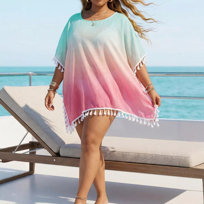Women Clothes Women Casual Loose Gradient Printing Tassel Stitching T shirt Beach Cover up Oyimi