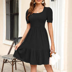Summer Casual Square Collar Short Sleeve Dress Women Clothing Qube