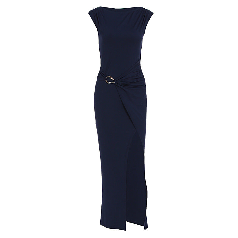Summer Women Solid Color round Neck Slim Slimming Slit Dress WensDiva
