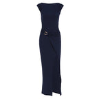 Summer Women Solid Color round Neck Slim Slimming Slit Dress WensDiva
