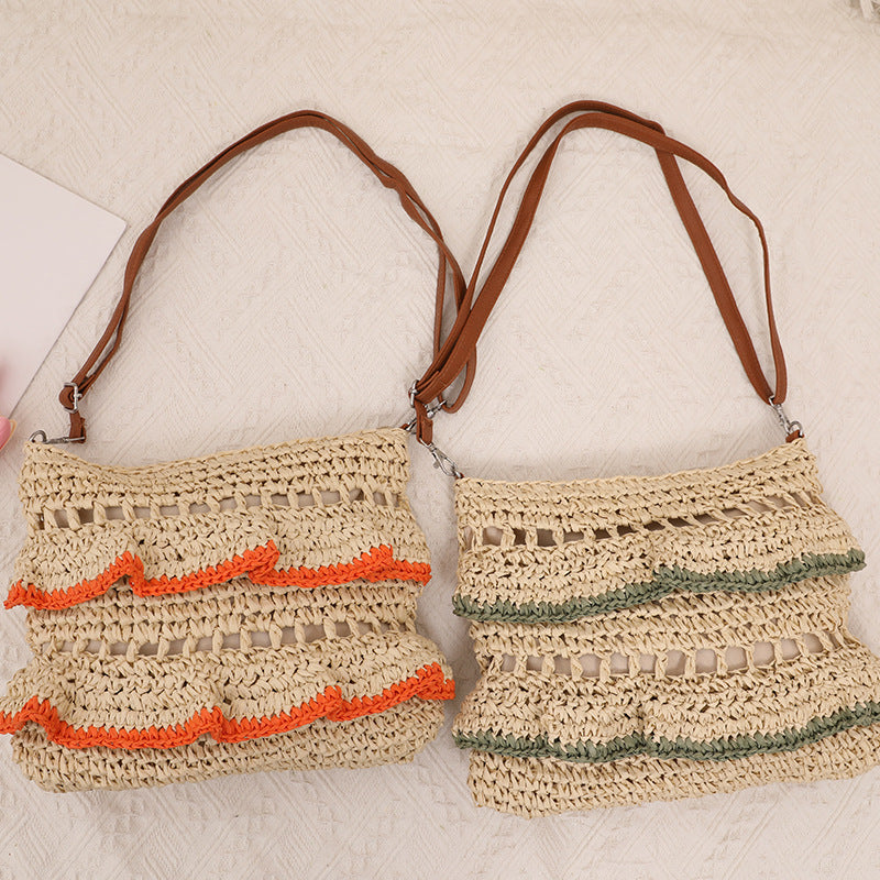 Sac à bandoulière en paille et dentelle, sac à volants en paille de couleur estivale, sac tissé, sac de vacances à la plage et au bord de la mer 