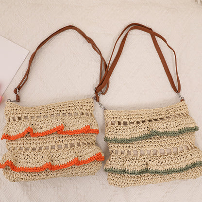 Bolso bandolera de paja con encaje y volantes para verano, tejido, para playa y vacaciones 
