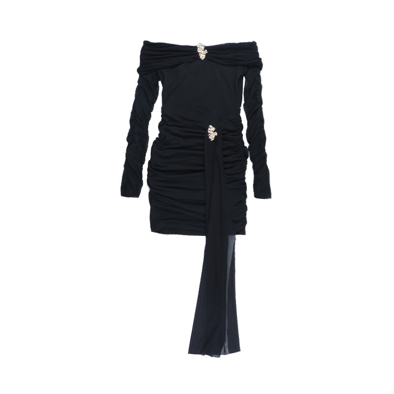 Vestido sexy corto con hombros descubiertos, espalda descubierta y costuras de malla, manga larga