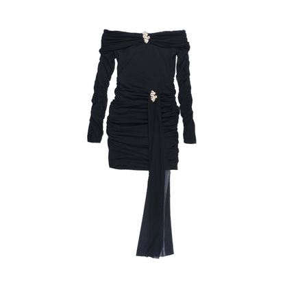 Vestido sexy corto con hombros descubiertos, espalda descubierta y costuras de malla, manga larga