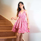 V neck Halter Lace up Tiered Dress Sweet Spicy Wind Waist Tight Dress JoyMer