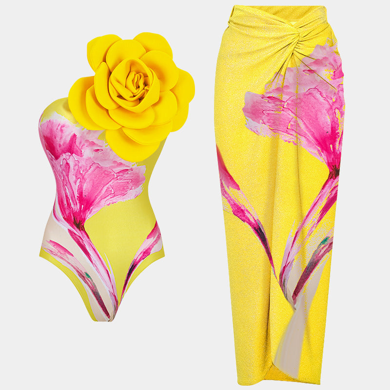 Traje de baño de una pieza para mujer, ajustado, adelgazante, con estampado floral grande y burbujas, traje de baño de gasa.