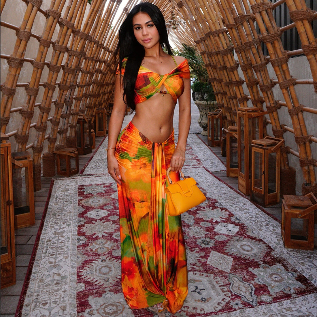 Women Spring Clothing Pattern Print Sexy Drop Shoulder Hollow Out Cutout Low Waist Cropped Skirt Set Dores
