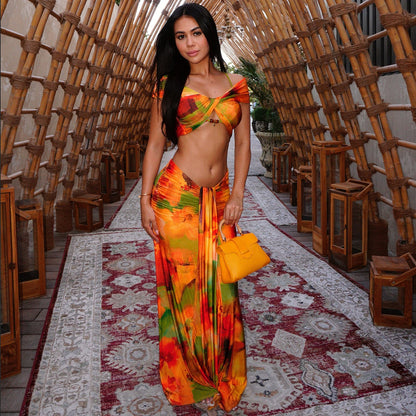Women Spring Clothing Pattern Print Sexy Drop Shoulder Hollow Out Cutout Low Waist Cropped Skirt Set Dores