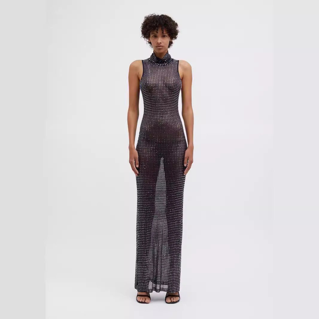 Summer Sexy Sheer Cutout Maxi Dress Mesh Rhinestone Sleeveless Maxi Dress Women KLEEZY