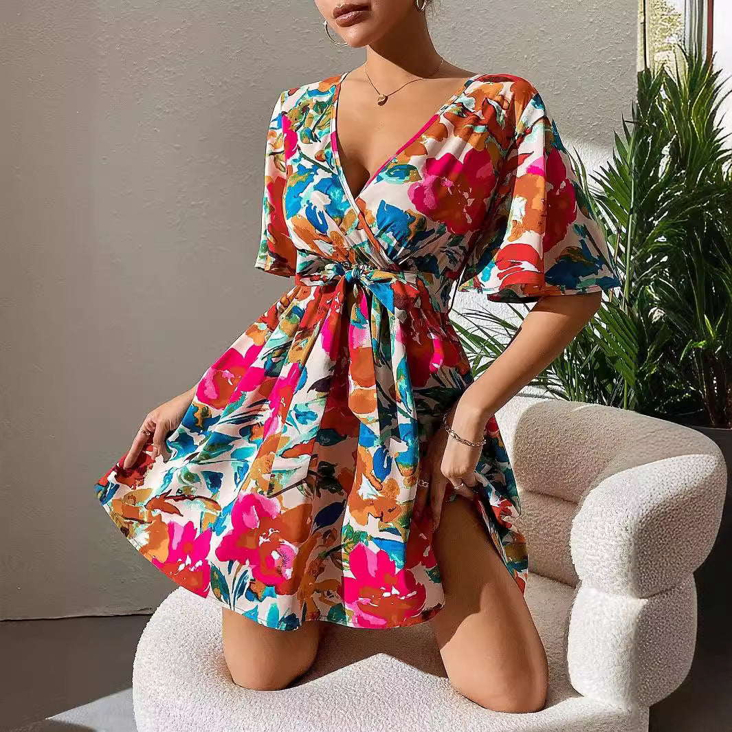 Summer Elegant Lady Floral Print Cross Collar Belt Dress Vivish