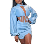 Women Clothing Spring Summer New Fashion round Neck Long Sleeve Sexy Waist Hollow-out Slim Fit Sheath Dress YIULI