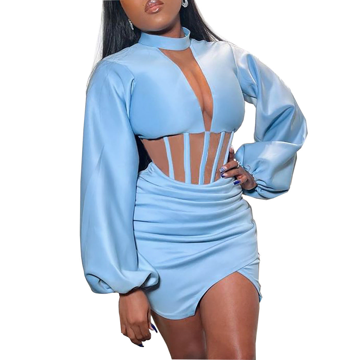 Women Clothing Spring Summer New Fashion round Neck Long Sleeve Sexy Waist Hollow-out Slim Fit Sheath Dress YIULI