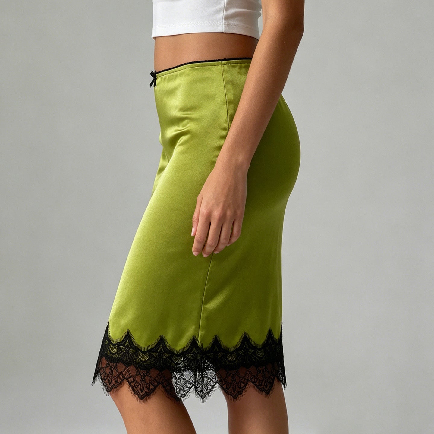 Elegant Graceful Women Satin Skirt Lace Stitching Contrast Color Bow Low Waist Mid Length Hip Skirt for Women LingSharp