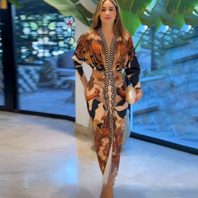 Spring Women Wear Short Sleeve V neck Slim Print Dress