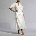 Office Two Piece Sets V neck Heart Shaped Buckle Waist Controlled Top Solid Color Mid Length Skirt Two Piece Sets Ory