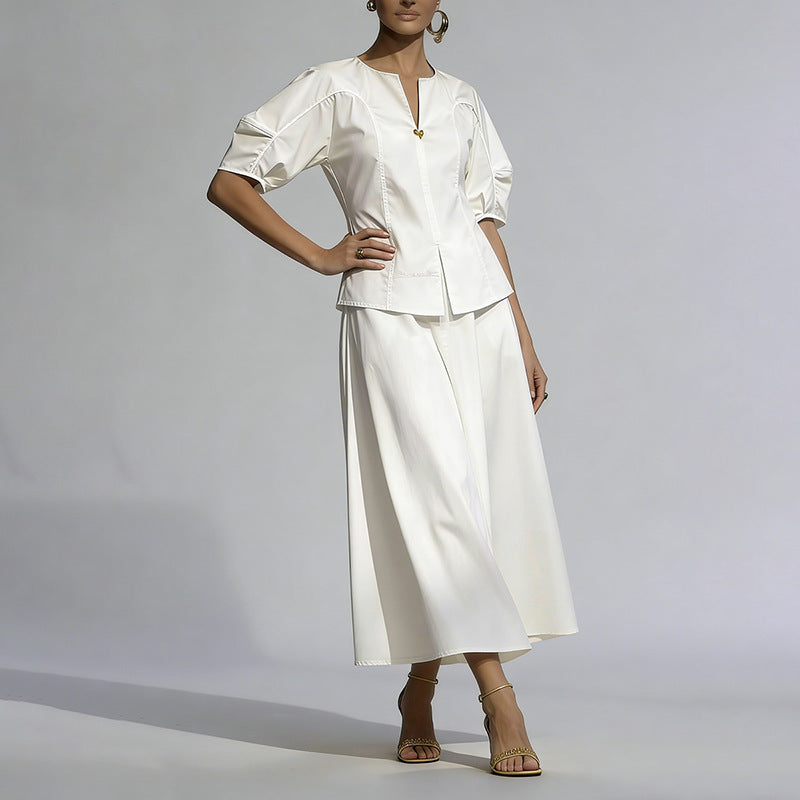 Office Two Piece Sets V neck Heart Shaped Buckle Waist Controlled Top Solid Color Mid Length Skirt Two Piece Sets Ory