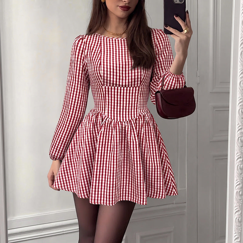 Christmas French Vintage Backless Bow Plaid Dress HUNDRED