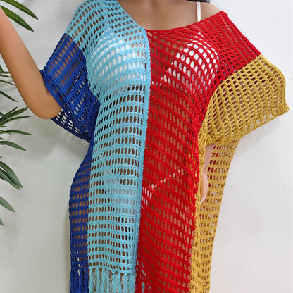 Women Beach Vacation Beach Cover Up Women Clothing Contrast Color Hollow Out Cutout Woven Shirt Sexy Dress