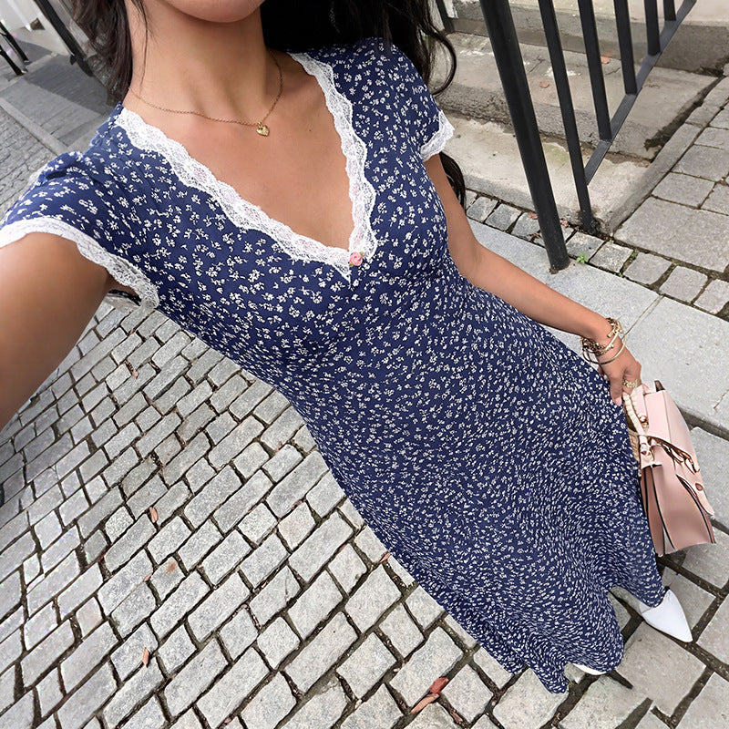Sweet Vacation Lace V neck Patchwork Short Sleeve Floral Dress HUNDRED