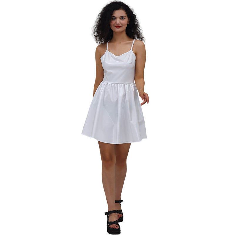 Vestido de lentejuelas con tirantes, de charol bronceado, color liso, sexy, plisado, para mujer
