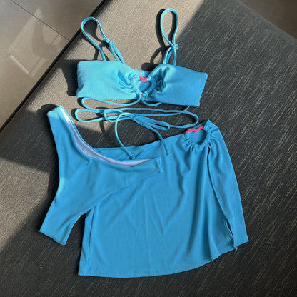 Sunken Stripe Solid Color Three Piece Swimsuit Bikini Bikini
