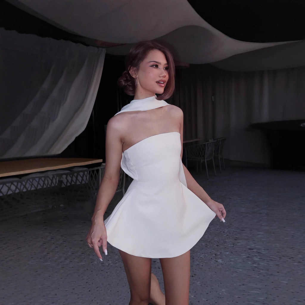 Women Clothing Autumn French Sexy Wind Ribbon Tube Top Solid Color Dress for Women Burgatti